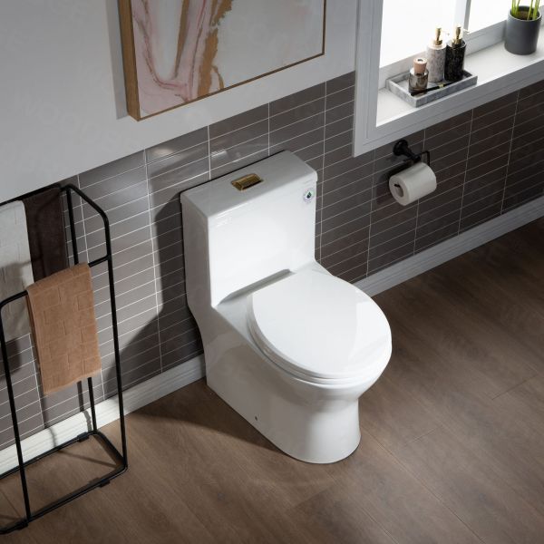  WOODBRIDGE One Piece Short Compact Bathroom Tiny Mini Commode Water Closet Dual Flush Concealed Trapway, Brushed Gold Button B0500-BG, White_5673