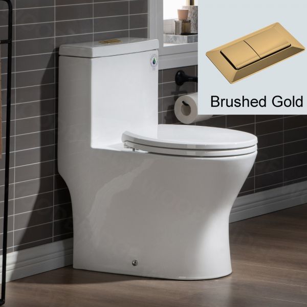 WOODBRIDGE One Piece Short Compact Bathroom Tiny Mini Commode Water Closet Dual Flush Concealed Trapway, Brushed Gold Button B0500-BG, White