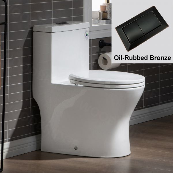 WOODBRIDGE One Piece Short Compact Bathroom Tiny Mini Commode Water Closet Dual Flush Concealed Trapway, Oil Rubbed Bronze Button B0500-ORB, White