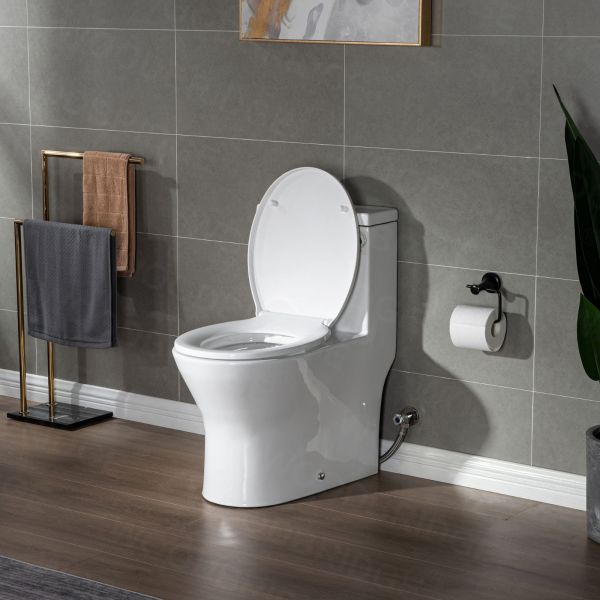  WOODBRIDGE One Piece Short Compact Bathroom Tiny Mini Commode Water Closet Dual Flush Concealed Trapway, Oil Rubbed Bronze Button B0500-ORB, White_5649