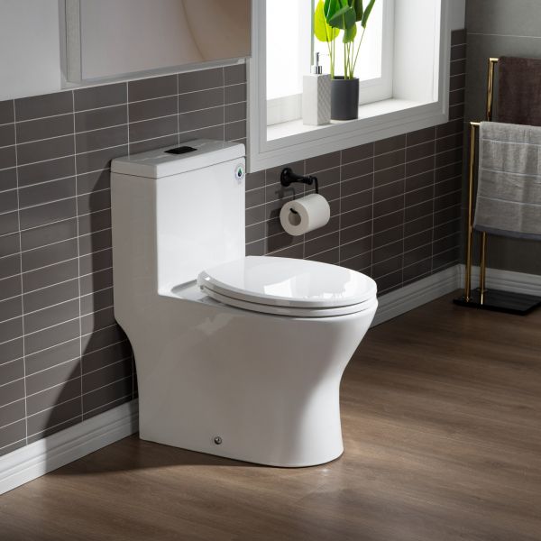  WOODBRIDGE One Piece Short Compact Bathroom Tiny Mini Commode Water Closet Dual Flush Concealed Trapway, Oil Rubbed Bronze Button B0500-ORB, White_5658