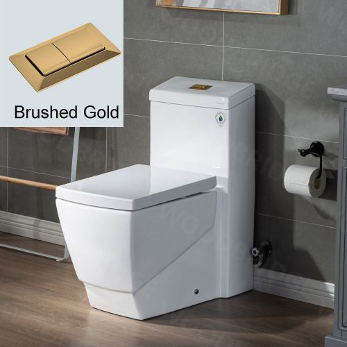WOODBRIDGE Modern Square Design One Piece Dual Flush 1.28 GP Toilet,with Soft Closing Seat, Brushed Gold Button B0920-BG, White