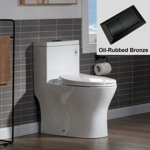 WOODBRIDGE Modern One Piece Dual Flush 1.28 GP Toilet,with Soft Closing Seat, Oil Rubbed Bronze Button B0750-ORB, White