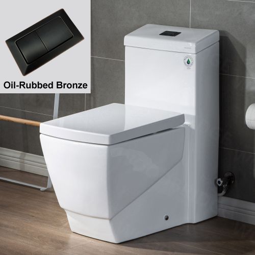 WOODBRIDGE Modern Square Design One Piece Dual Flush 1.28 GP Toilet,with Soft Closing Seat, Oil Rubbed Bronze Button B0920-ORB, White