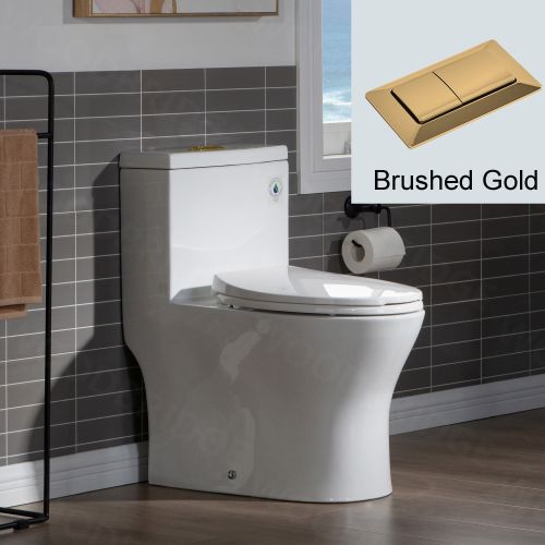WOODBRIDGE Modern One Piece Dual Flush 1.28 GP Toilet,with Soft Closing Seat, Brushed Gold Button B0750-BG, White
