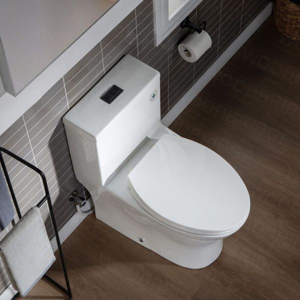 WOODBRIDGE Modern One Piece Dual Flush 1.28 GP Toilet,with Soft Closing Seat, Oil Rubbed Bronze Button B0750-ORB, White