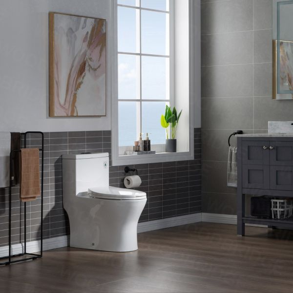  WOODBRIDGE Modern One Piece Dual Flush 1.28 GP Toilet,with Soft Closing Seat, Oil Rubbed Bronze Button B0750-ORB, White