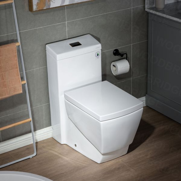  WOODBRIDGE Modern Square Design One Piece Dual Flush 1.28 GP Toilet,Chair Height with Soft Closing Seat, Oil Rubbed Bronze Button B0920-ORB, White_5558