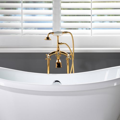 WOODBRIDGE F0019PG Freestanding Clawfoot Tub Filler Faucet with Hand Shower and Hose in Polished Gold
