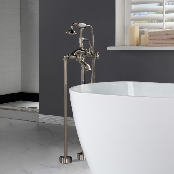 ᐅ【WOODBRIDGE F0001BNRD Contemporary Single Handle Floor Mount Freestanding  Tub Filler Faucet with Hand shower in Brushed Nickel Finish.-WOODBRIDGE】