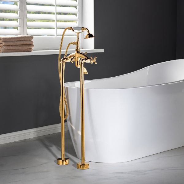 WOODBRIDGE F0019PG Freestanding Clawfoot Tub Filler Faucet with Hand Shower and Hose in Polished Gold_5407