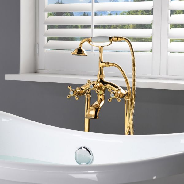  WOODBRIDGE F0019PG Freestanding Clawfoot Tub Filler Faucet with Hand Shower and Hose in Polished Gold_5412
