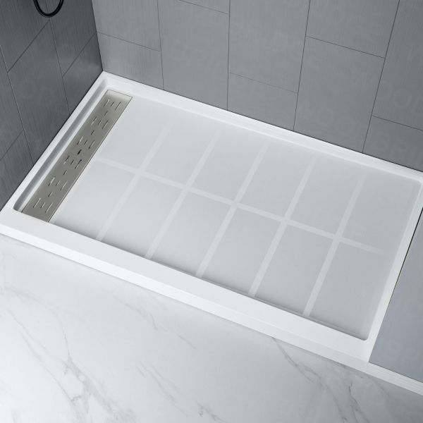  WOODBRIDGE  Solid Surface 3-Panel Shower Wall Kit, 32-in L x 60-in W x 96-in H, Stacked block in a staggered vertical pattern.  Matte Finish, Grey_5284