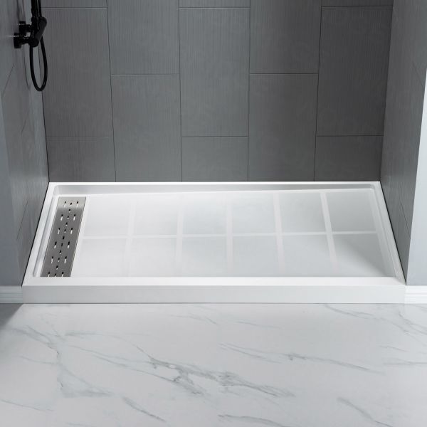  WOODBRIDGE  Solid Surface 3-Panel Shower Wall Kit, 32-in L x 60-in W x 96-in H, Stacked block in a staggered vertical pattern.  Matte Finish, Grey_5285