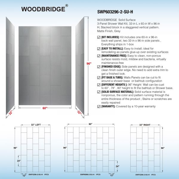 WOODBRIDGE  Solid Surface 3-Panel Shower Wall Kit, 32-in L x 60-in W x 96-in H, Stacked block in a staggered vertical pattern.  Matte Finish, Grey
