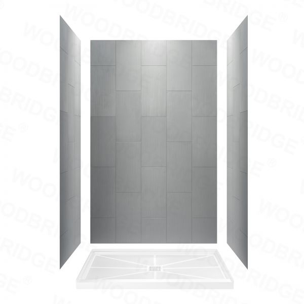  WOODBRIDGE  Solid Surface 3-Panel Shower Wall Kit, 32-in L x 60-in W x 96-in H, Stacked block in a staggered vertical pattern.  Matte Finish, Grey_5286