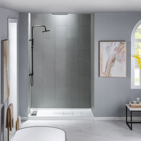 WOODBRIDGE Solid Surface 3-Panel Shower Wall Kit, 36-in L x 60-in W x 96-in H, Stacked Block in a Staggered Vertical Pattern. Matte Grey Finish