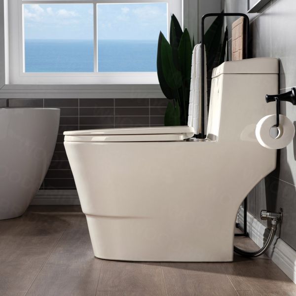 WOODBRIDGEE One Piece Toilet with Soft Closing Seat, Chair Height, 1.28 GPF Dual, Water Sensed, 1000 Gram MaP Flushing Score Toilet, B0942, Biscuit_5366