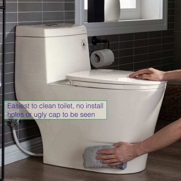  WOODBRIDGEE One Piece Toilet with Soft Closing Seat, Chair Height, 1.28 GPF Dual, Water Sensed, 1000 Gram MaP Flushing Score Toilet, B0942, Biscuit_5369