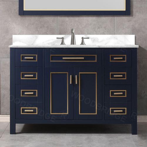 WOODBRIDGE Milan  49” Floor Mounted Single Basin Vanity Set with Solid Wood Cabinet in Navy Blue and Engineered stone composite Vanity Top in Fish Belly White with Pre-installed Undermount Rectangle Bathroom Sink and Pre-Drilled 3-Hole for 8” Widespread F