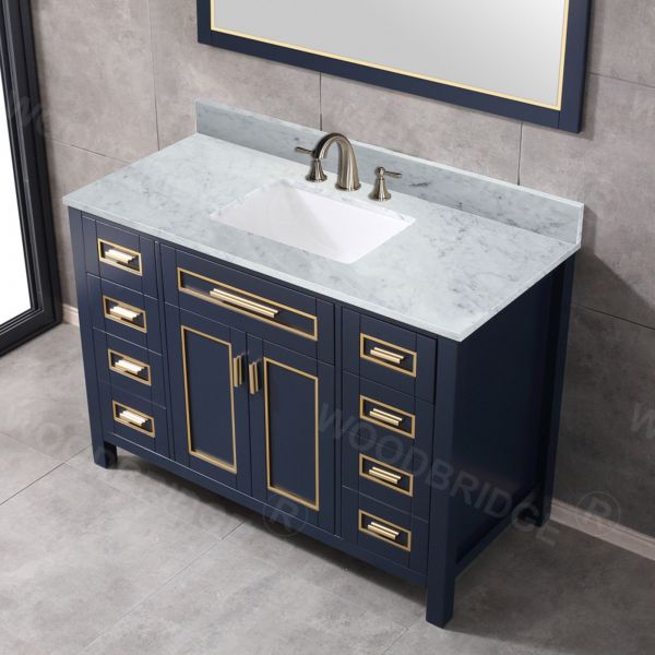  WOODBRIDGE Milan  49” Floor Mounted Single Basin Vanity Set with Solid Wood Cabinet in Navy Blue, and Carrara White Marble Vanity Top with Pre-installed Undermount Rectangle Bathroom Sink in White, Pre-Drilled 3-Hole for 8-inch Widespread Faucet_4733