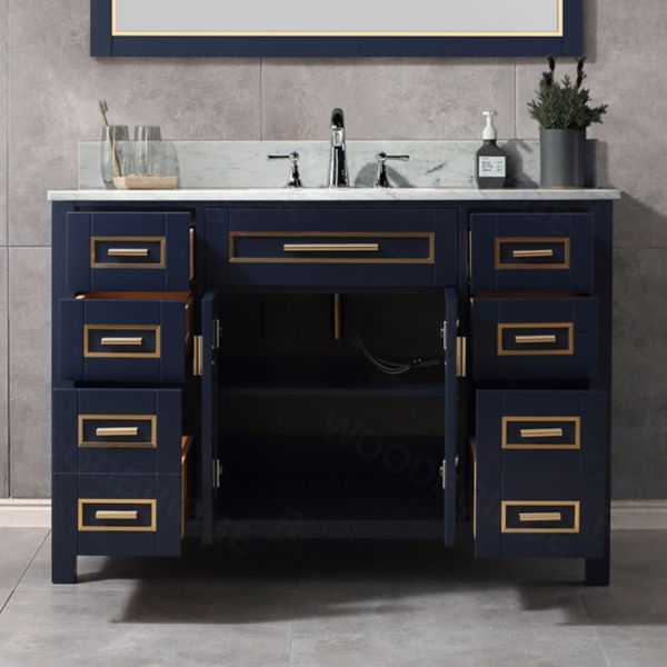  WOODBRIDGE Milan  49” Floor Mounted Single Basin Vanity Set with Solid Wood Cabinet in Navy Blue, and Carrara White Marble Vanity Top with Pre-installed Undermount Rectangle Bathroom Sink in White, Pre-Drilled 3-Hole for 8-inch Widespread Faucet