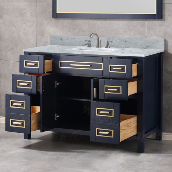 WOODBRIDGE Milan  49” Floor Mounted Single Basin Vanity Set with Solid Wood Cabinet in Navy Blue, and Carrara White Marble Vanity Top with Pre-installed Undermount Rectangle Bathroom Sink in White, Pre-Drilled 3-Hole for 8-inch Widespread Faucet