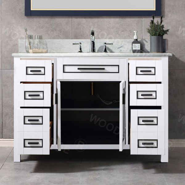  WOODBRIDGE Milan  49” Floor Mounted Single Basin Vanity Set with Solid Wood Cabinet in White, and Carrara White Marble Vanity Top with Pre-installed Undermount Rectangle Bathroom Sink in White, Pre-Drilled 3-Hole for 8-inch Widespread Faucet_4694