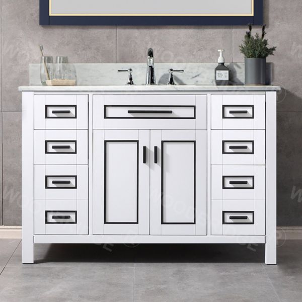  WOODBRIDGE Milan  49” Floor Mounted Single Basin Vanity Set with Solid Wood Cabinet in White, and Carrara White Marble Vanity Top with Pre-installed Undermount Rectangle Bathroom Sink in White, Pre-Drilled 3-Hole for 8-inch Widespread Faucet_4692
