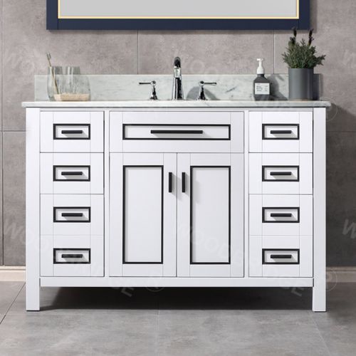 WOODBRIDGE Milan  49” Floor Mounted Single Basin Vanity Set with Solid Wood Cabinet in White, and Carrara White Marble Vanity Top with Pre-installed Undermount Rectangle Bathroom Sink in White, Pre-Drilled 3-Hole for 8-inch Widespread Faucet