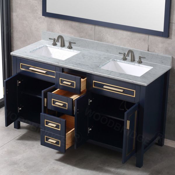 WOODBRIDGE Milan  61” Floor Mounted Single Basin Vanity Set with Solid Wood Cabinet in Navy Blue, and Carrara White Marble Vanity Top with Pre-installed Undermount Rectangle Bathroom Sink in White, Pre-Drilled 3-Hole for 8-inch Widespread Faucet
