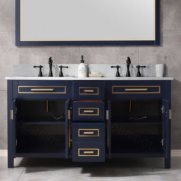 WOODBRIDGE Milan  61” Floor Mounted Single Basin Vanity Set with Solid Wood Cabinet in Navy Blue, and Carrara White Marble Vanity Top with Pre-installed Undermount Rectangle Bathroom Sink in White, Pre-Drilled 3-Hole for 8-inch Widespread Faucet