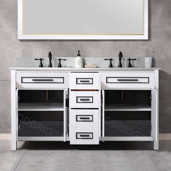 WOODBRIDGE Milan  61” Floor Mounted Single Basin Vanity Set with Solid Wood Cabinet in White, and Carrara White Marble Vanity Top with Pre-installed Undermount Rectangle Bathroom Sink in White, Pre-Drilled 3-Hole for 8-inch Widespread Faucet