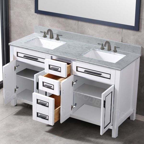  WOODBRIDGE Milan  61” Floor Mounted Single Basin Vanity Set with Solid Wood Cabinet in White, and Carrara White Marble Vanity Top with Pre-installed Undermount Rectangle Bathroom Sink in White, Pre-Drilled 3-Hole for 8-inch Widespread Faucet_4612
