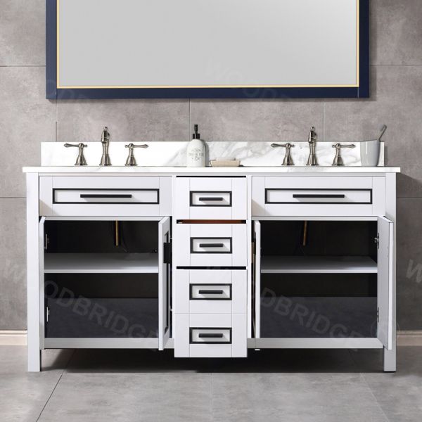 ᐅ【WOODBRIDGE Milan 61” Floor Mounted Single Basin Vanity Set with Solid  Wood Cabinet in White and Engineered stone composite Vanity Top in Fish  Belly White with Pre-installed Undermount Rectangle Bathroom Sink and