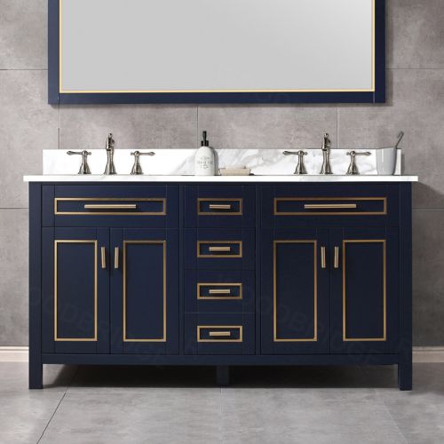 WOODBRIDGE Milan  61” Floor Mounted Single Basin Vanity Set with Solid Wood Cabinet in Navy Blue and Engineered stone composite Vanity Top in Fish Belly White with Pre-installed Undermount Rectangle Bathroom Sink and Pre-Drilled 3-Hole for 8” Widespread F