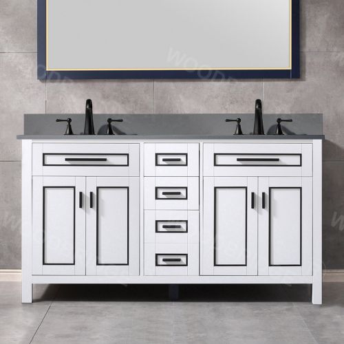 WOODBRIDGE Milan  61” Floor Mounted Single Basin Vanity Set with Solid Wood Cabinet in White and Engineered stone composite Vanity Top in Dark Gray with Pre-installed Undermount Rectangle Bathroom Sink in White and Pre-Drilled 3-Hole for 8” Widespread Fau