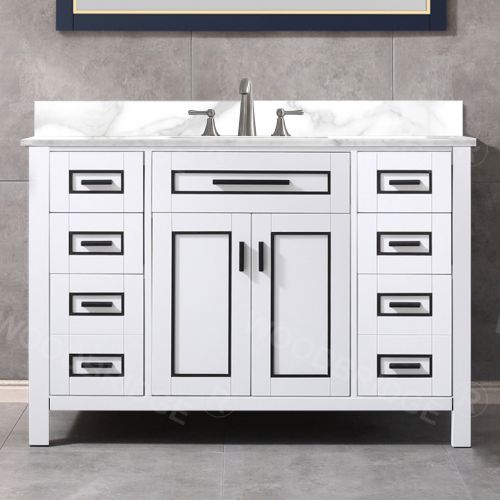 WOODBRIDGE Milan  49” Floor Mounted Single Basin Vanity Set with Solid Wood Cabinet in White and Engineered stone composite Vanity Top in Fish Belly White with Pre-installed Undermount Rectangle Bathroom Sink and Pre-Drilled 3-Hole for 8-inch Widespread F