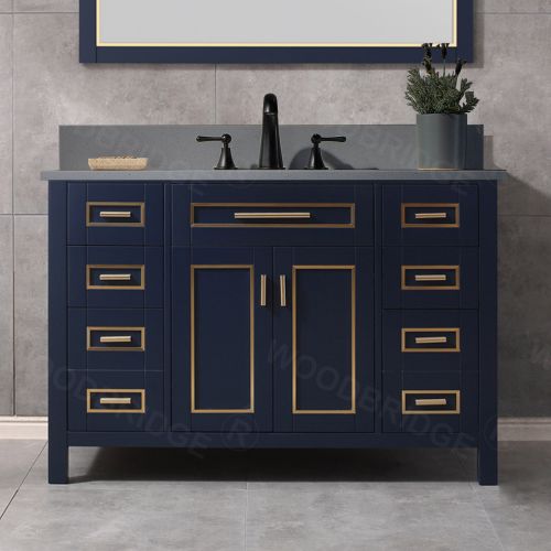 WOODBRIDGE Milan  49” Floor Mounted Single Basin Vanity Set with Solid Wood Cabinet in Navy Blue and Engineered stone composite Vanity Top in Dark Gray with Pre-installed Undermount Rectangle Bathroom Sink and Pre-Drilled 3-Hole for 8-inch Widespread Fauc