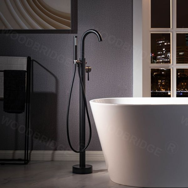 WOODBRIDGE F0025MBRD Contemporary Single Handle Floor Mount Freestanding Tub Filler Faucet with Cylinder Shape Hand shower in Matte Black Finish._5247