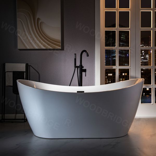  WOODBRIDGE F0025MBRD Contemporary Single Handle Floor Mount Freestanding Tub Filler Faucet with Cylinder Shape Hand shower in Matte Black Finish._5249