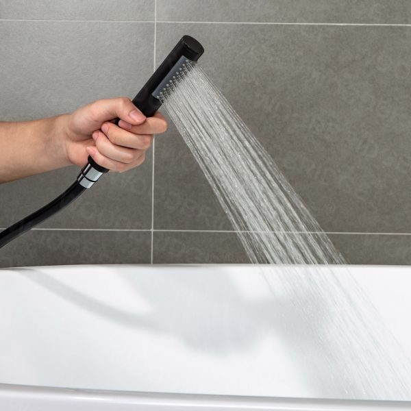  WOODBRIDGE F0025MBRD Contemporary Single Handle Floor Mount Freestanding Tub Filler Faucet with Cylinder Shape Hand shower in Matte Black Finish._5252