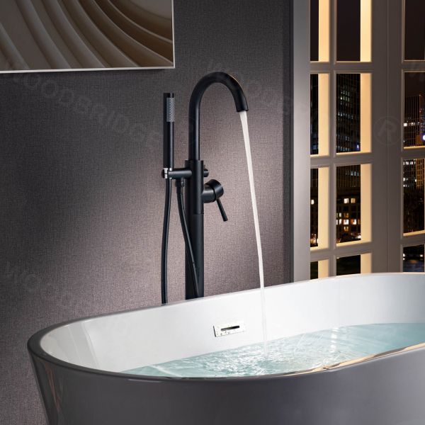  WOODBRIDGE F0025MBRD Contemporary Single Handle Floor Mount Freestanding Tub Filler Faucet with Cylinder Shape Hand shower in Matte Black Finish._5250