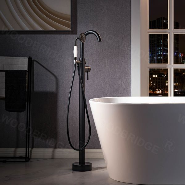 WOODBRIDGE F0025MBVT Fusion Single Handle Floor Mount Freestanding Tub Filler Faucet with Telephone Hand shower in Matte Black Finish.