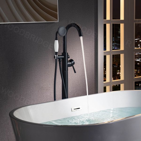  WOODBRIDGE F0025MBVT Fusion Single Handle Floor Mount Freestanding Tub Filler Faucet with Telephone Hand shower in Matte Black Finish._5259