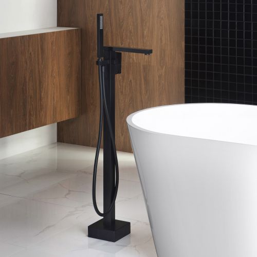 WOODBRIDGE F0009BL Contemporary Single Handle Floor Mount Freestanding Tub Filler Faucet with Hand shower in Matte Black Finish.