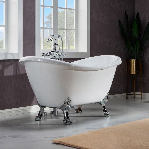 ᐅ【WOODBRIDGE 59 Heavy Duty Acrylic Double Slipper Clawfoot Bath Tub with  Chrome Feet + Chrome Drain u0026Overflow-WOODBRIDGE】