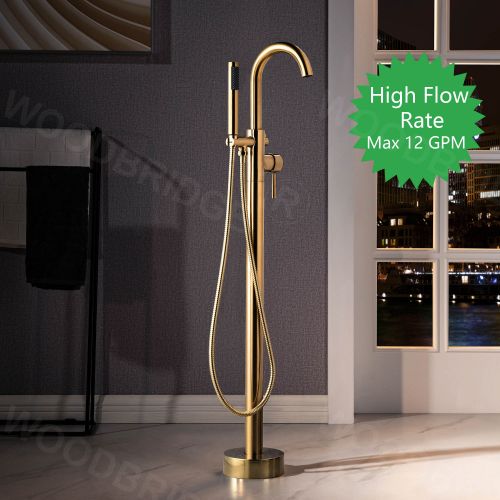 WOODBRIDGE F0026BGRD Contemporary Single Handle Floor Mount Freestanding Tub Filler Faucet with Cylinder Shape Hand shower in Brushed Gold Finish.
