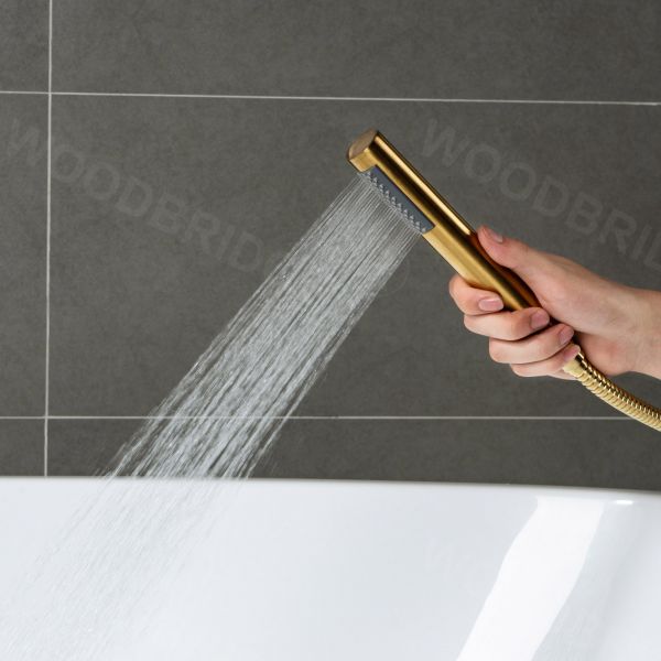  WOODBRIDGE F0026BGRD Contemporary Single Handle Floor Mount Freestanding Tub Filler Faucet with Cylinder Shape Hand shower in Brushed Gold Finish._4196