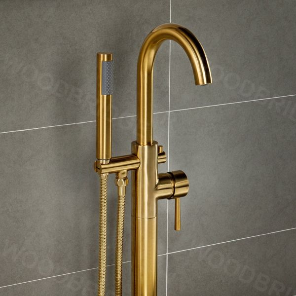  WOODBRIDGE F0026BGRD Contemporary Single Handle Floor Mount Freestanding Tub Filler Faucet with Cylinder Shape Hand shower in Brushed Gold Finish._4198